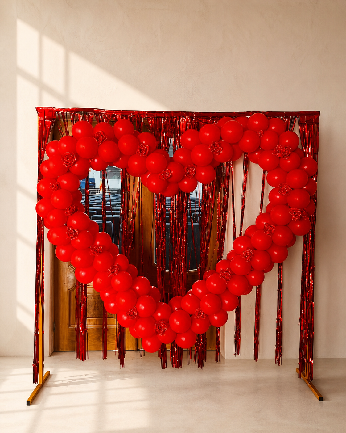 Corazón hecho con globos rojos sobre cortina de flecos rojos y dorados, primer trabajo en Sevilla