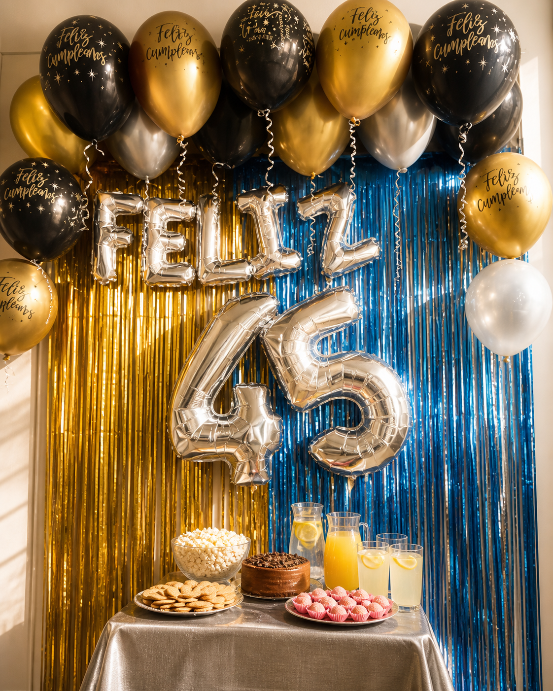 Celebración en negro, dorado y azul con número metalizado y cortina de flecos