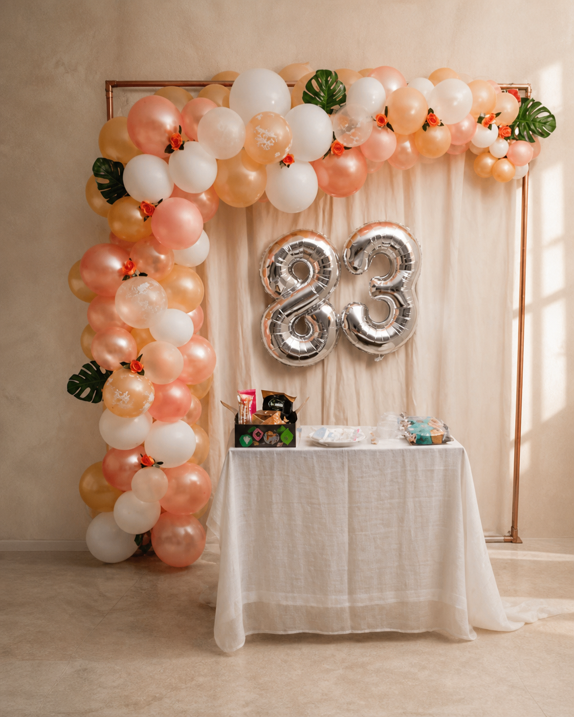 Decoración de cumpleaños en melocotón, nude y blanco con número metalizado y mesa vestida